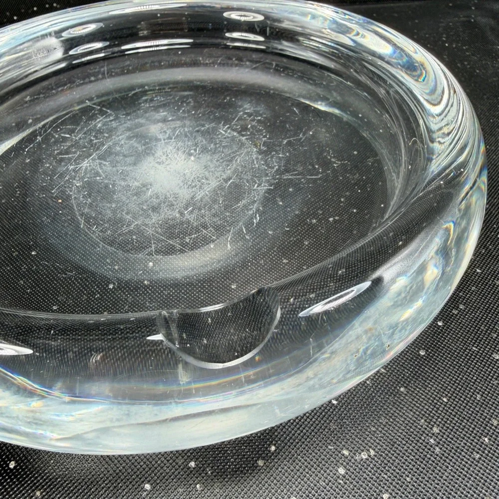 Vintage 1960s Sweden Art Glass Ashtray 8 Inch Heavy Clear Crystal MCM Round